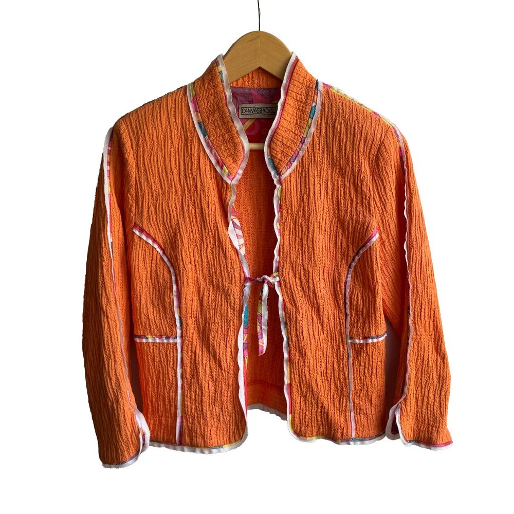 Vintage Canvasbacks Tie Front Textured Jacket Size 6 Art to Wear Silk Trim